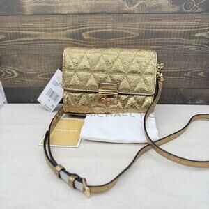 Michael Kors Leather Ruby Medium Clutch Crossbody Pale Gold New